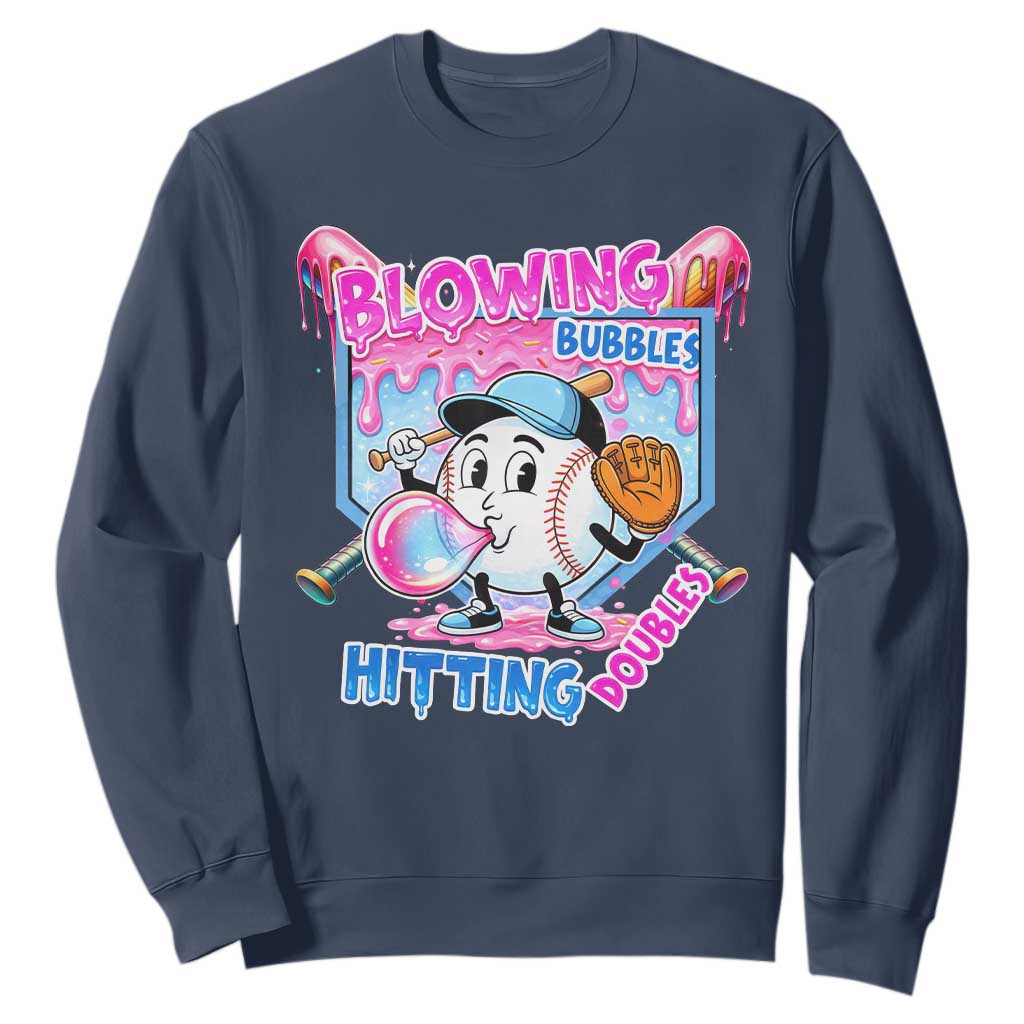 Baseball Blowing Bubbles Hitting Doubles Sweatshirt Sports Bubble Gum Lover TS11 Navy Print Your Wear