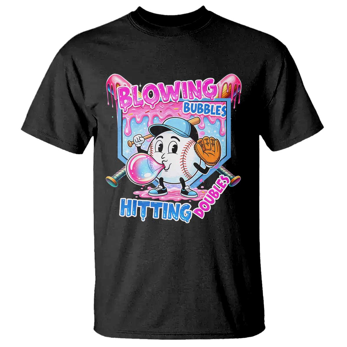 Baseball Blowing Bubbles Hitting Doubles T Shirt Sports Bubble Gum Lover TS11 Black Print Your Wear