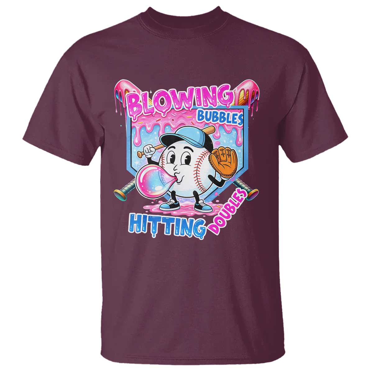 Baseball Blowing Bubbles Hitting Doubles T Shirt Sports Bubble Gum Lover TS11 Maroon Print Your Wear