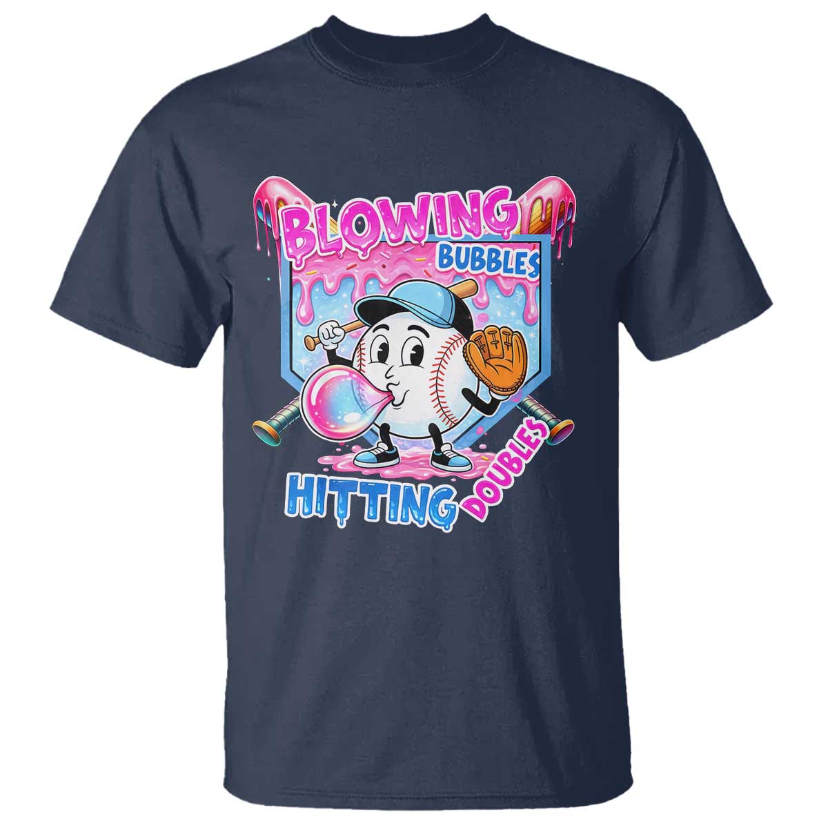 Baseball Blowing Bubbles Hitting Doubles T Shirt Sports Bubble Gum Lover TS11 Navy Print Your Wear