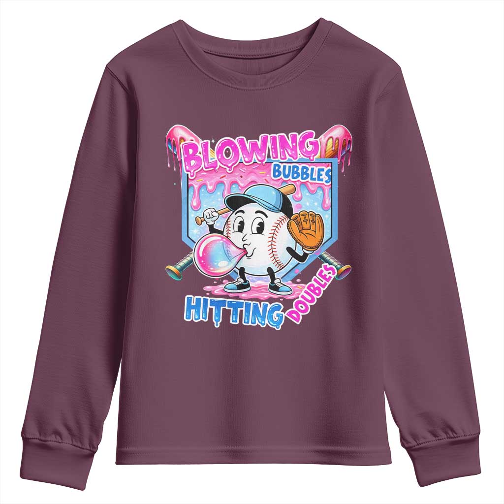 Baseball Blowing Bubbles Hitting Doubles Youth Sweatshirt Sports Bubble Gum Lover TS11 Maroon Print Your Wear