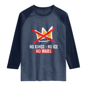 No Kings Protest Raglan Shirt No Kings No Ice No Wars Anti Monarchy Statement TS11 Heather Denim Navy Print Your Wear