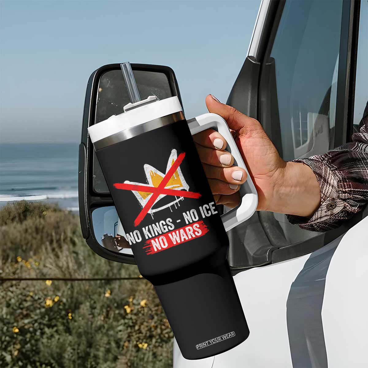 No Kings Protest Tumbler With Handle No Kings No Ice No Wars Anti Monarchy Statement TS11 Print Your Wear
