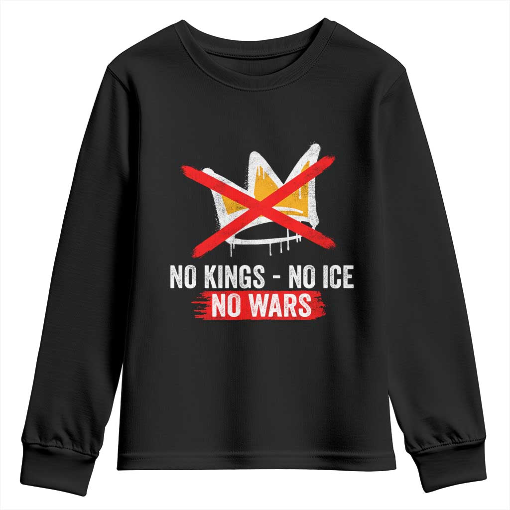 No Kings Protest Youth Sweatshirt No Kings No Ice No Wars Anti Monarchy Statement TS11 Black Print Your Wear