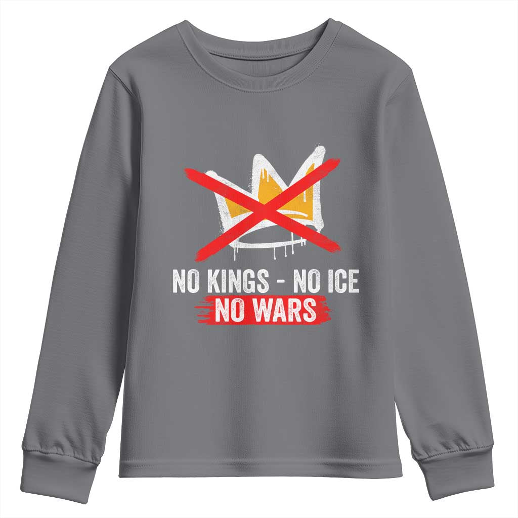 No Kings Protest Youth Sweatshirt No Kings No Ice No Wars Anti Monarchy Statement TS11 Charcoal Print Your Wear