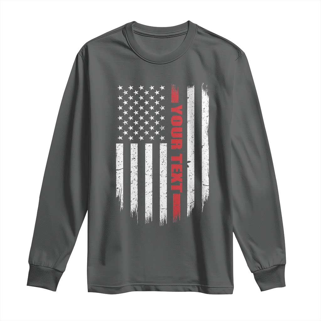 Personalized Firefighter Long Sleeve Shirt Custom Text Name Vintage American Flag Patriot Fireman Gift TS11 Dark Heather Print Your Wear