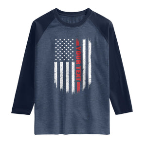 Personalized Firefighter Raglan Shirt Custom Text Name Vintage American Flag Patriot Fireman Gift TS11 Heather Denim Navy Print Your Wear