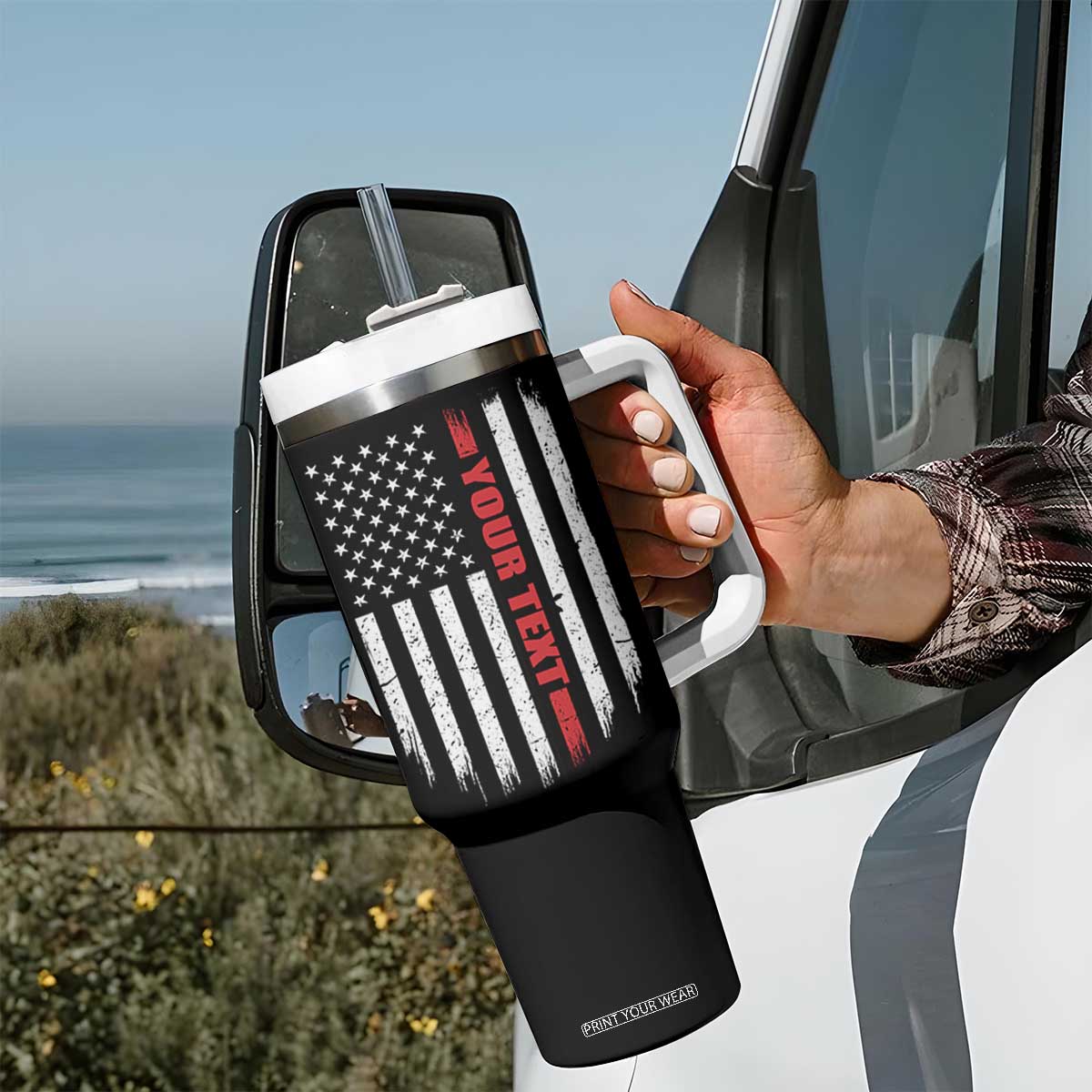 Personalized Firefighter Tumbler With Handle Custom Text Name Vintage American Flag Patriot Fireman Gift TS11 Print Your Wear
