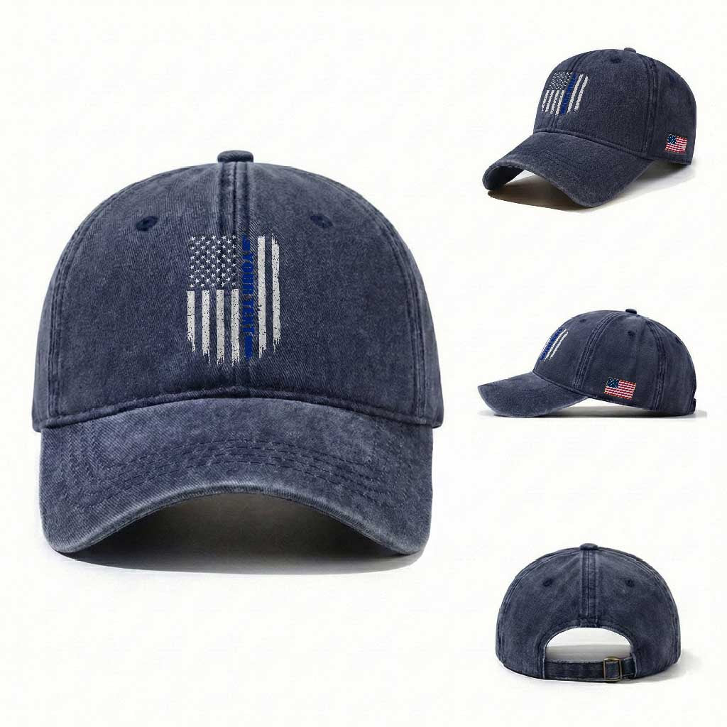 Personalized Police Washed Cotton Baseball Cap Custom Text Name Vintage American Flag Law Enforcement Gift TS11 Washed Cap Universal Fit Navy Print Your Wear
