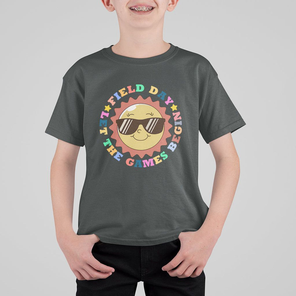 Field Day T Shirt For Kid Let The Games Begin Retro Groovy Smile Face Sunshine TS11 Dark Heather Print Your Wear