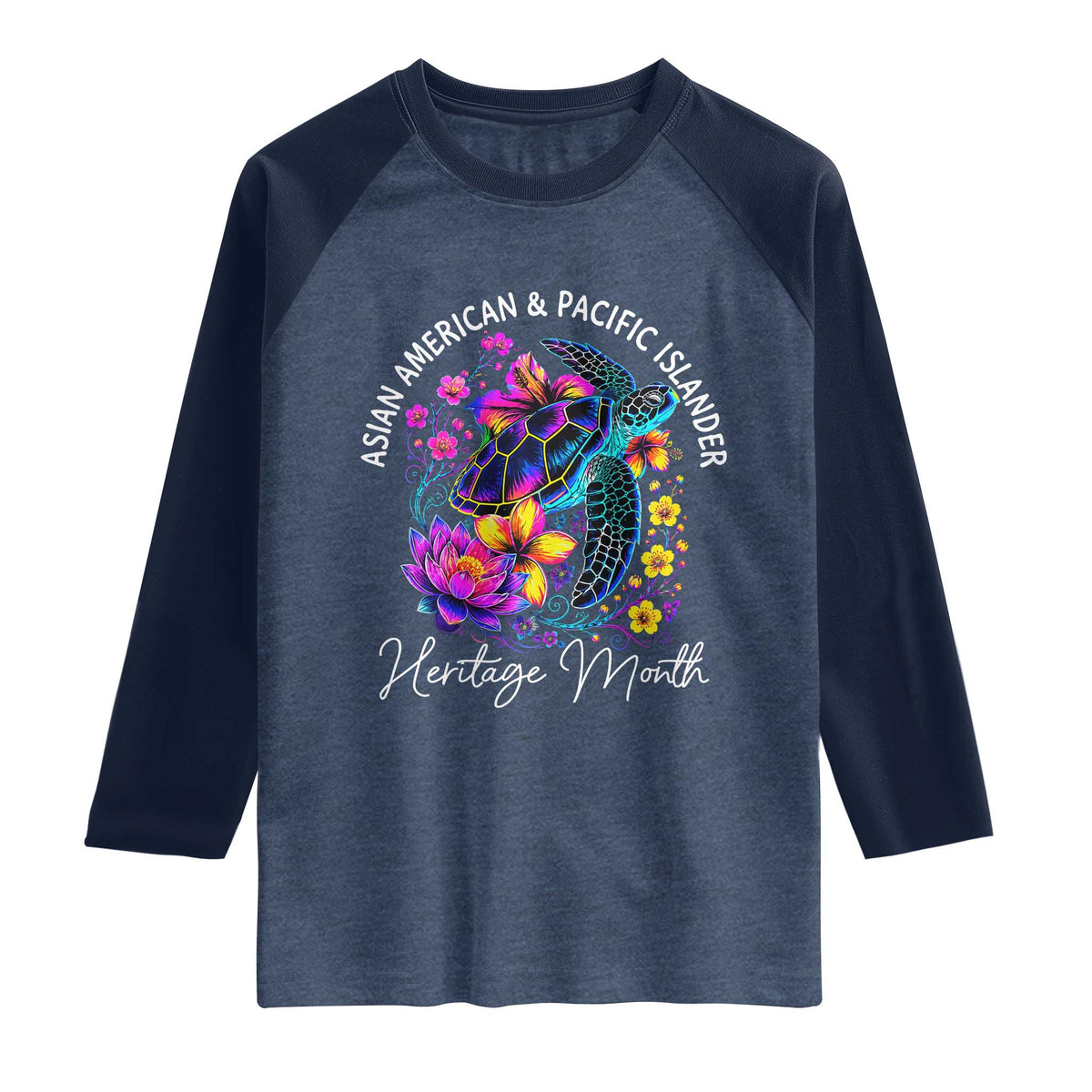 AAPI Asian American and Pacific Islander Heritage Month Raglan Shirt Floral Sea Turtle TS11 Heather Denim Navy Print Your Wear