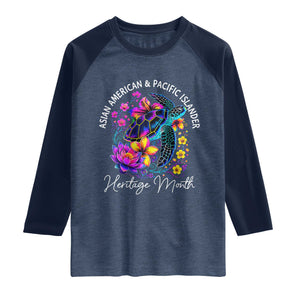 AAPI Asian American and Pacific Islander Heritage Month Raglan Shirt Floral Sea Turtle TS11 Heather Denim Navy Print Your Wear