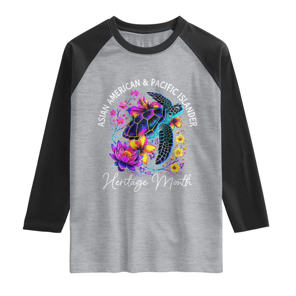 AAPI Asian American and Pacific Islander Heritage Month Raglan Shirt Floral Sea Turtle TS11 Heather Gray Black Print Your Wear