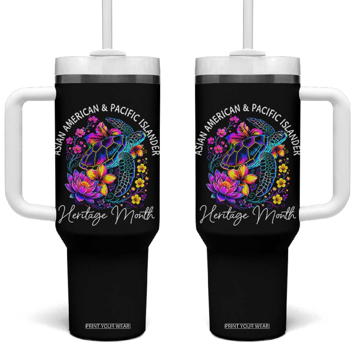 AAPI Asian American and Pacific Islander Heritage Month Tumbler With Handle Floral Sea Turtle TS11 One Size: 40 oz Black Print Your Wear