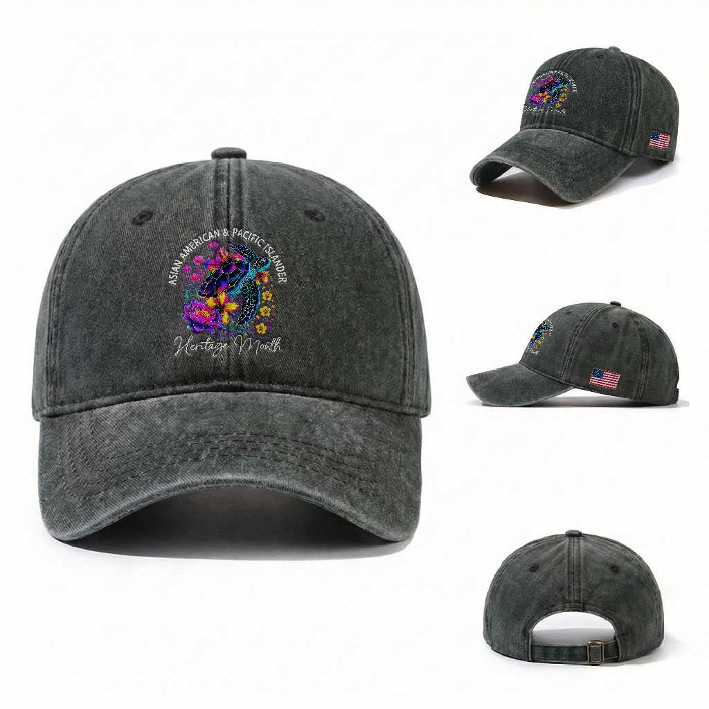 AAPI Asian American and Pacific Islander Heritage Month Washed Cotton Baseball Cap Floral Sea Turtle TS11 Washed Cap Universal Fit Dark Green Print Your Wear