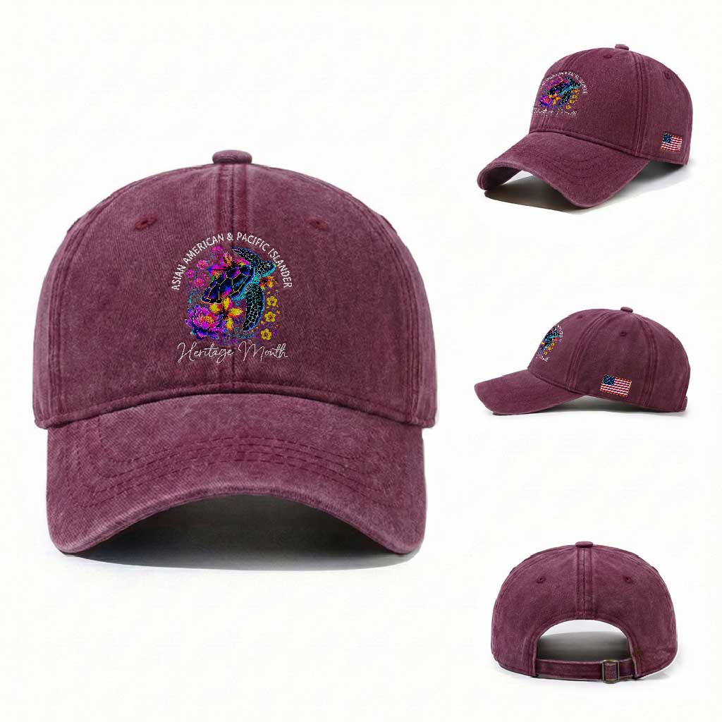 AAPI Asian American and Pacific Islander Heritage Month Washed Cotton Baseball Cap Floral Sea Turtle TS11 Washed Cap Universal Fit Burgundy Print Your Wear