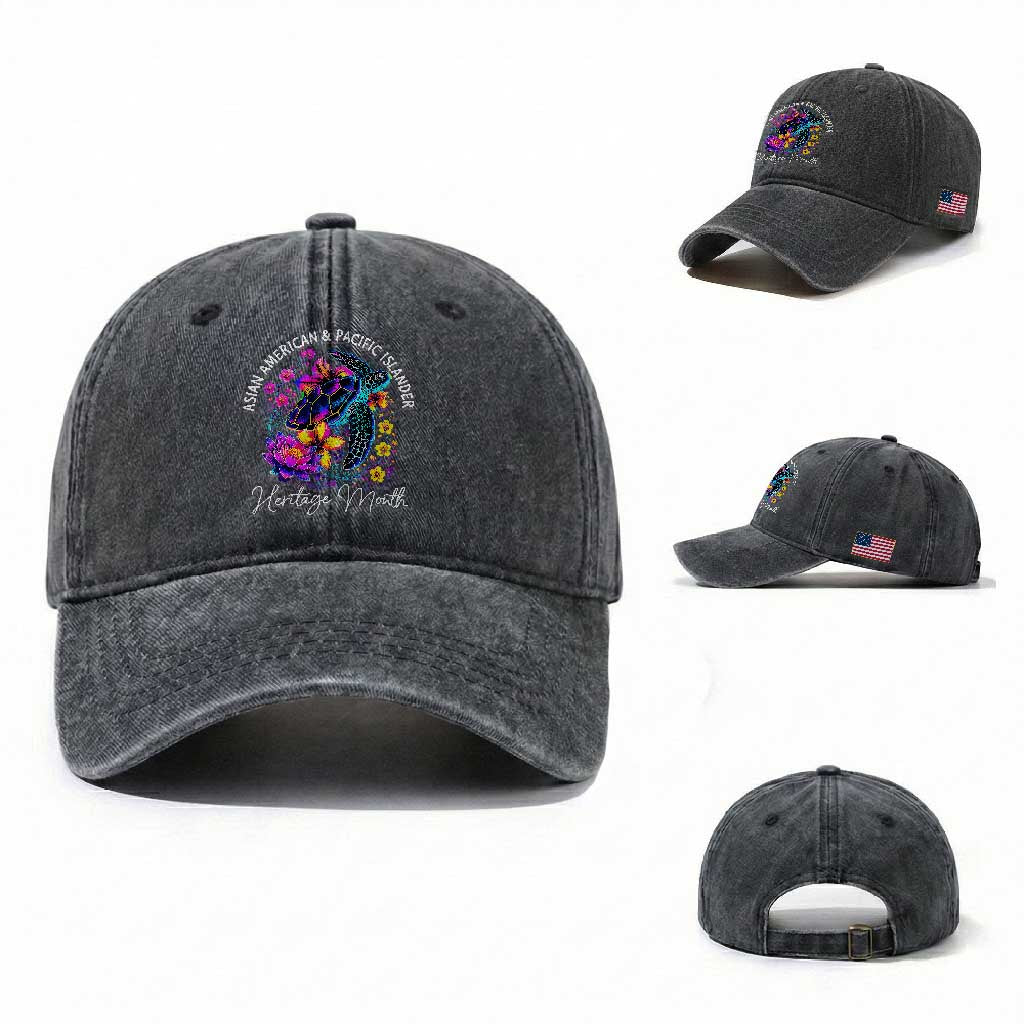 AAPI Asian American and Pacific Islander Heritage Month Washed Cotton Baseball Cap Floral Sea Turtle TS11 Washed Cap Universal Fit Dark Gray Print Your Wear