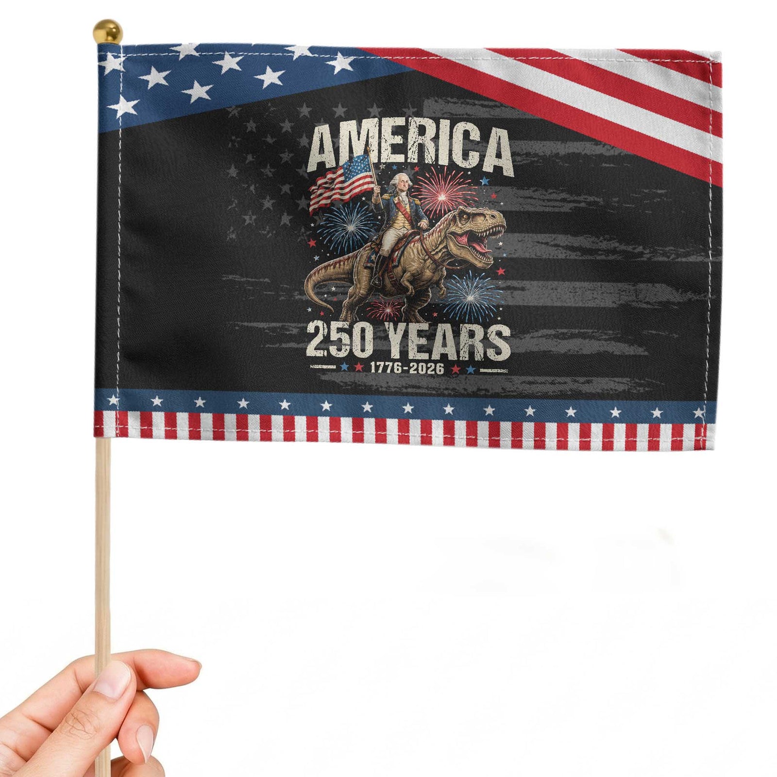 America 250 Years George Washington Riding Tyrannosaurus Rex Patriotic Handheld Flag TS11 Distressed 8.2