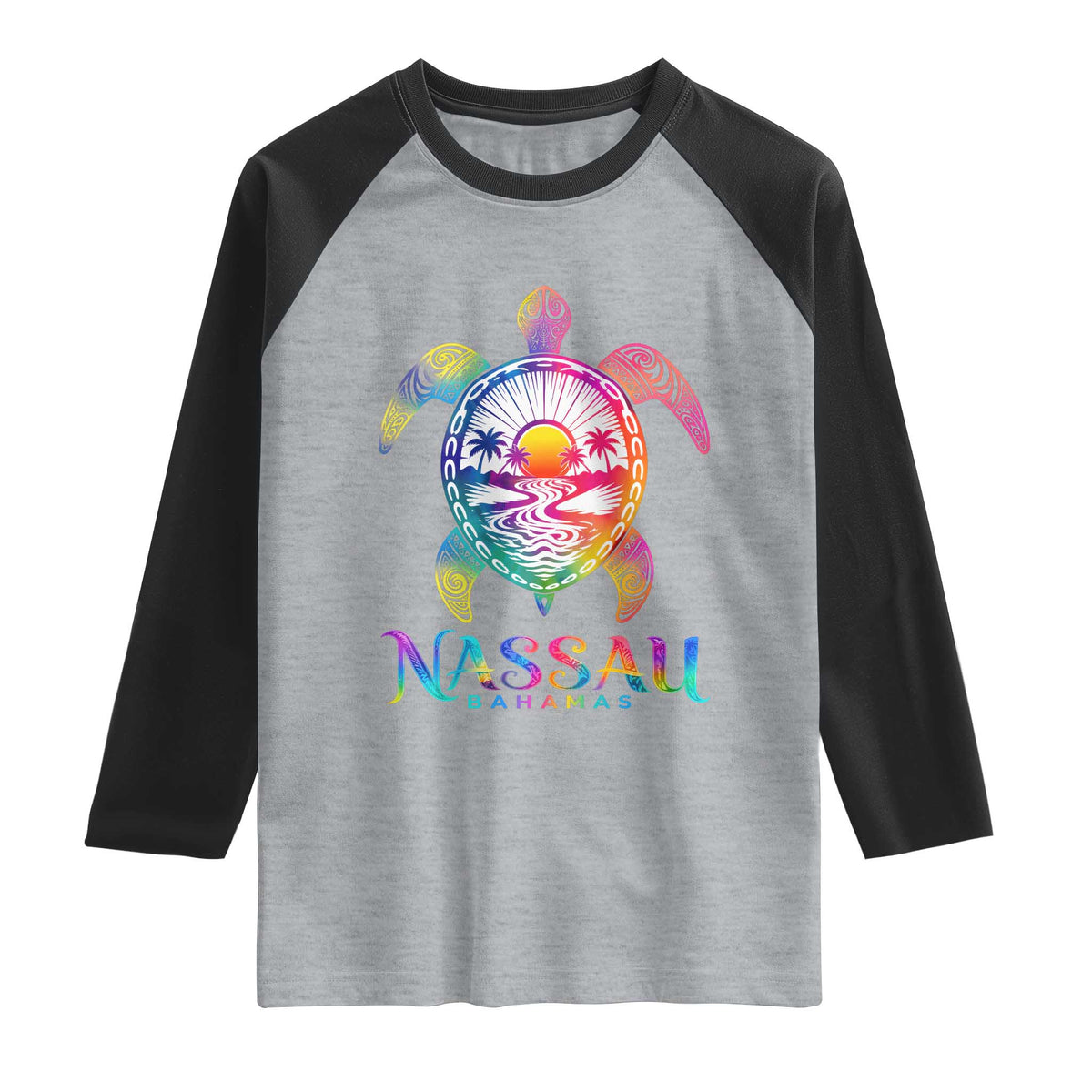 Nassau Bahamas Beach Vacation Raglan Shirt Tie Dye Sea Turtle TS11 Heather Gray Black Print Your Wear
