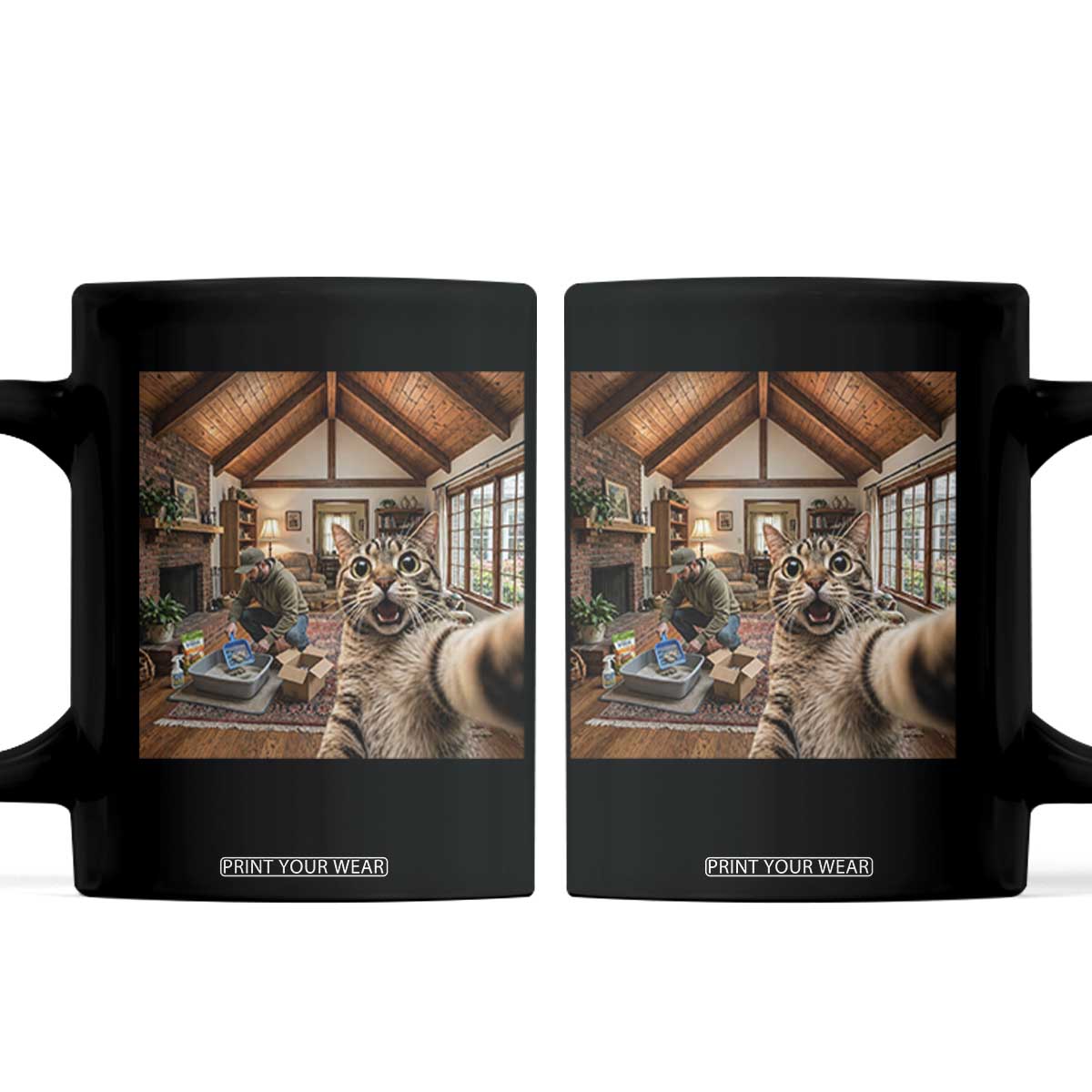 Cat Selfie with Man Funny Cat Dad Coffee Mug TS11 Black Print Your Wear
