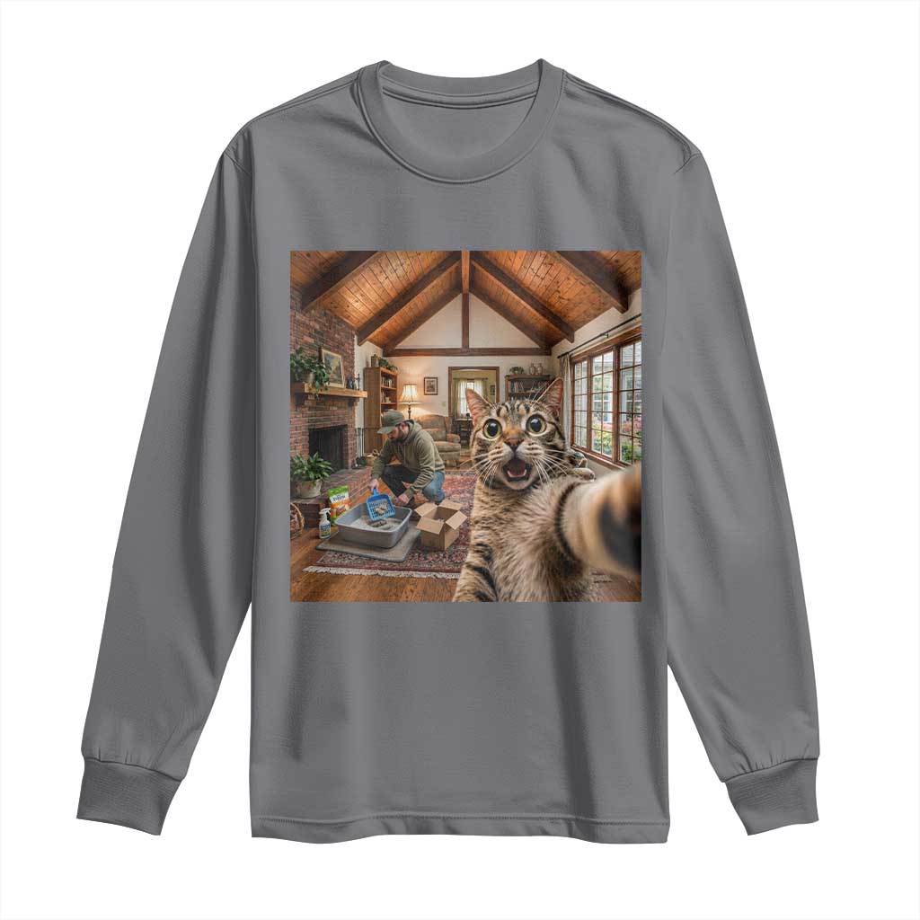 Cat Selfie with Man Funny Cat Dad Long Sleeve Shirt TS11 Charcoal Print Your Wear