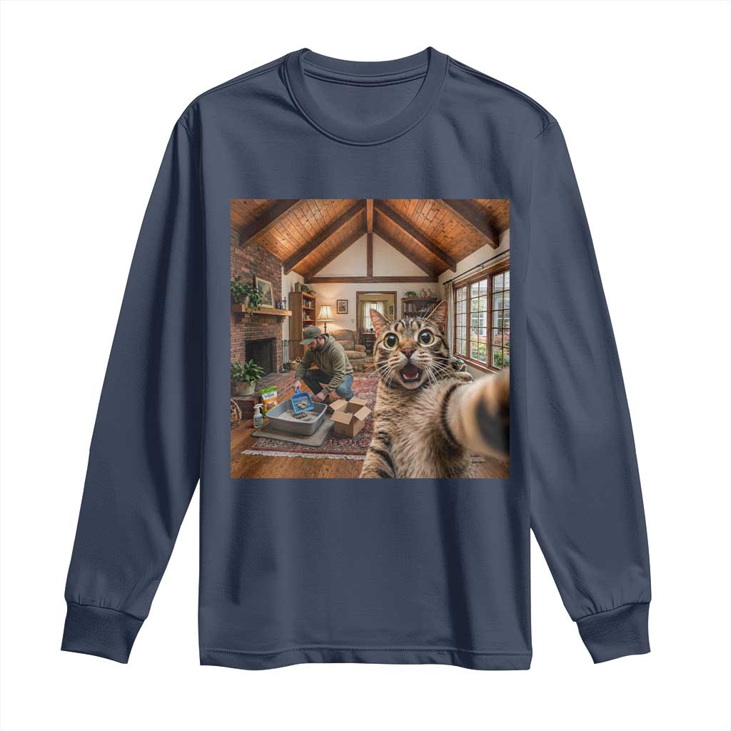 Cat Selfie with Man Funny Cat Dad Long Sleeve Shirt TS11 Navy Print Your Wear