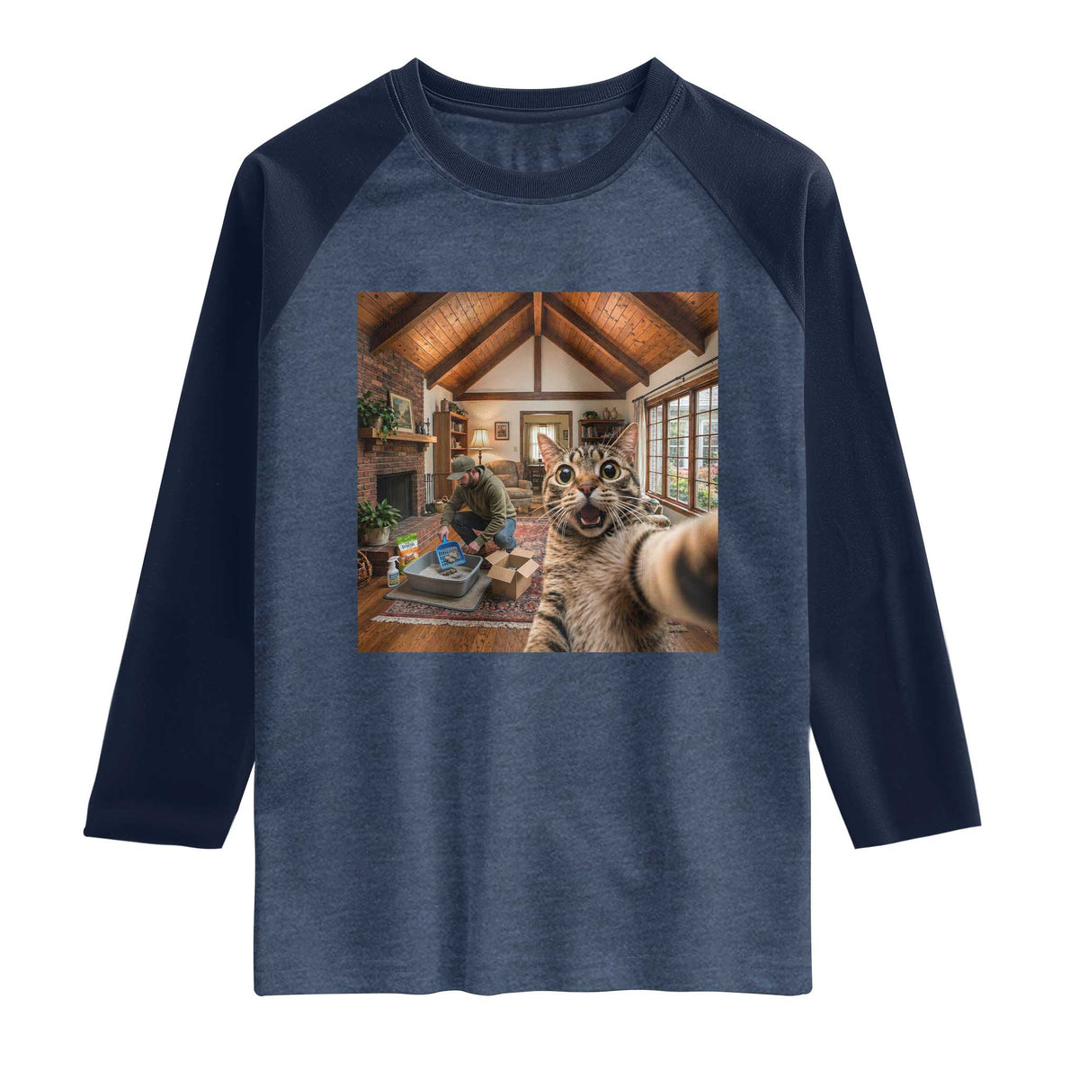 Cat Selfie with Man Funny Cat Dad Raglan Shirt TS11 Heather Denim Navy Print Your Wear