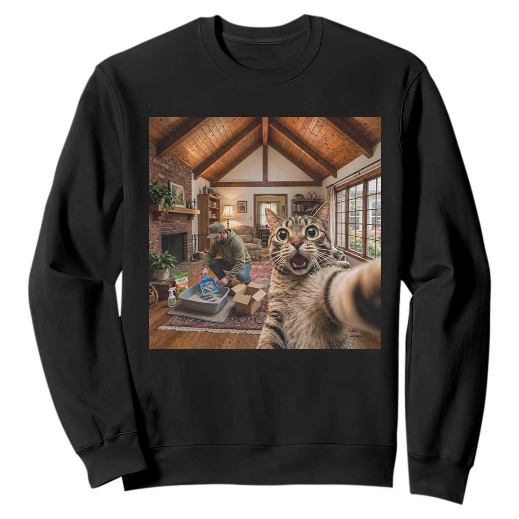 Cat Selfie with Man Funny Cat Dad Sweatshirt TS11 Black Print Your Wear