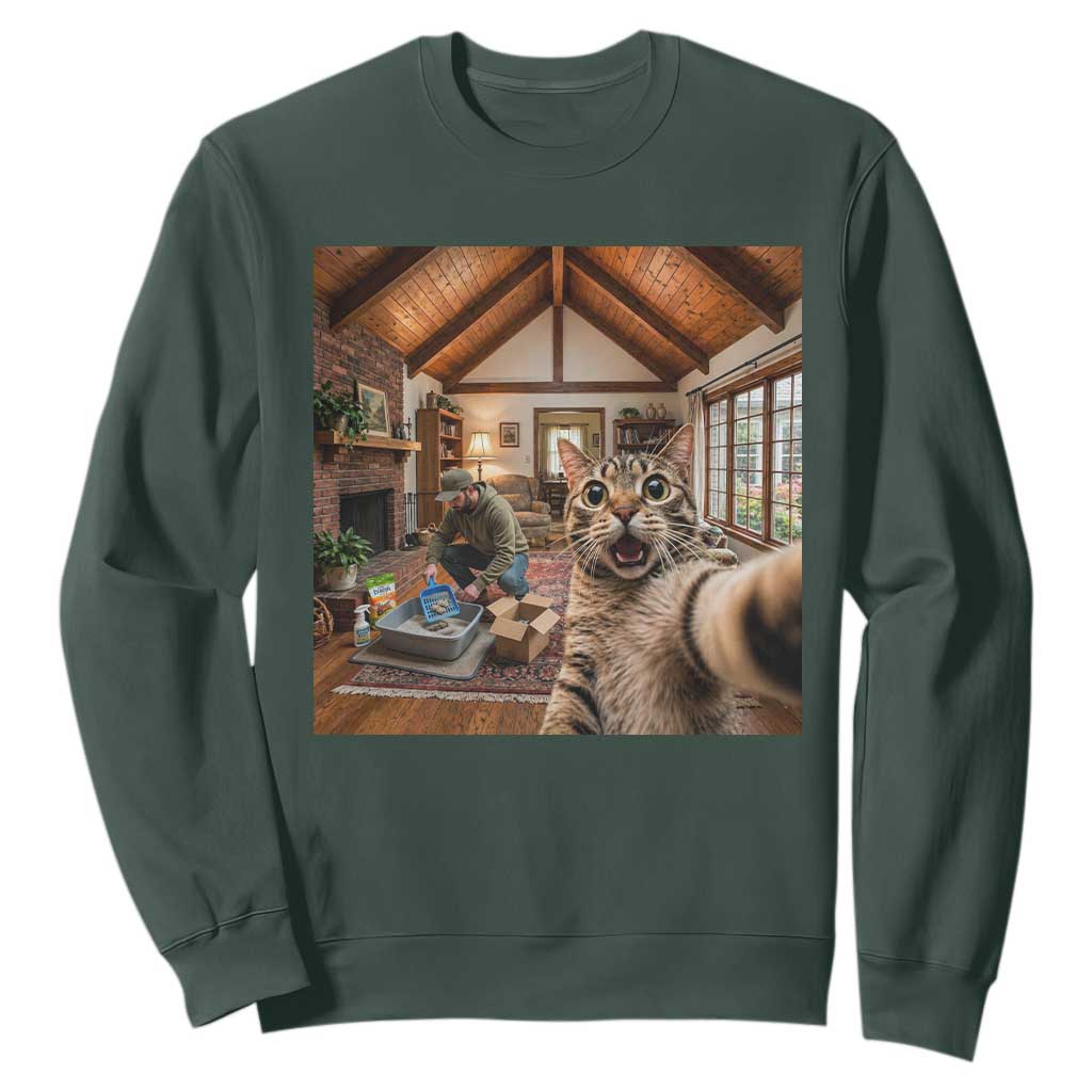 Cat Selfie with Man Funny Cat Dad Sweatshirt TS11 Dark Forest Green Print Your Wear