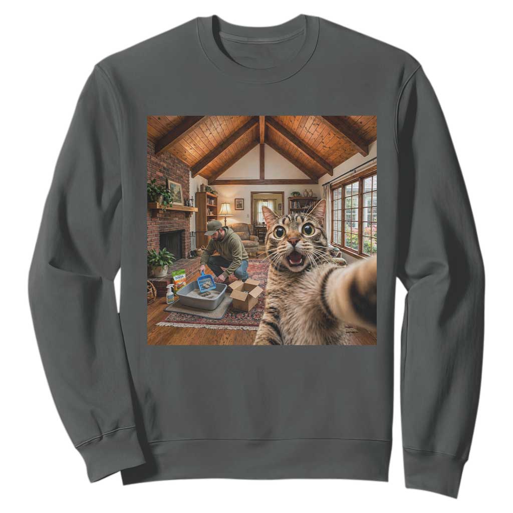 Cat Selfie with Man Funny Cat Dad Sweatshirt TS11 Dark Heather Print Your Wear