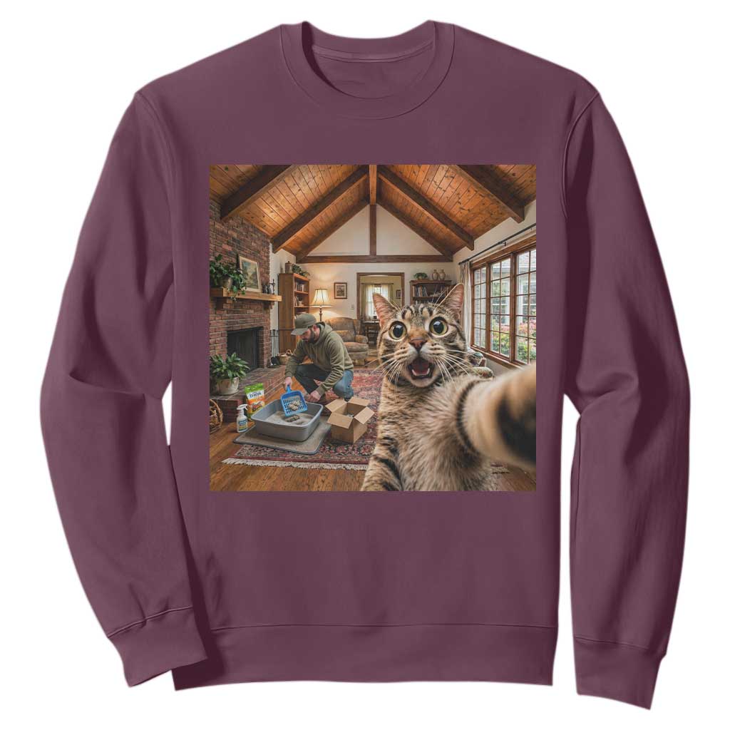 Cat Selfie with Man Funny Cat Dad Sweatshirt TS11 Maroon Print Your Wear