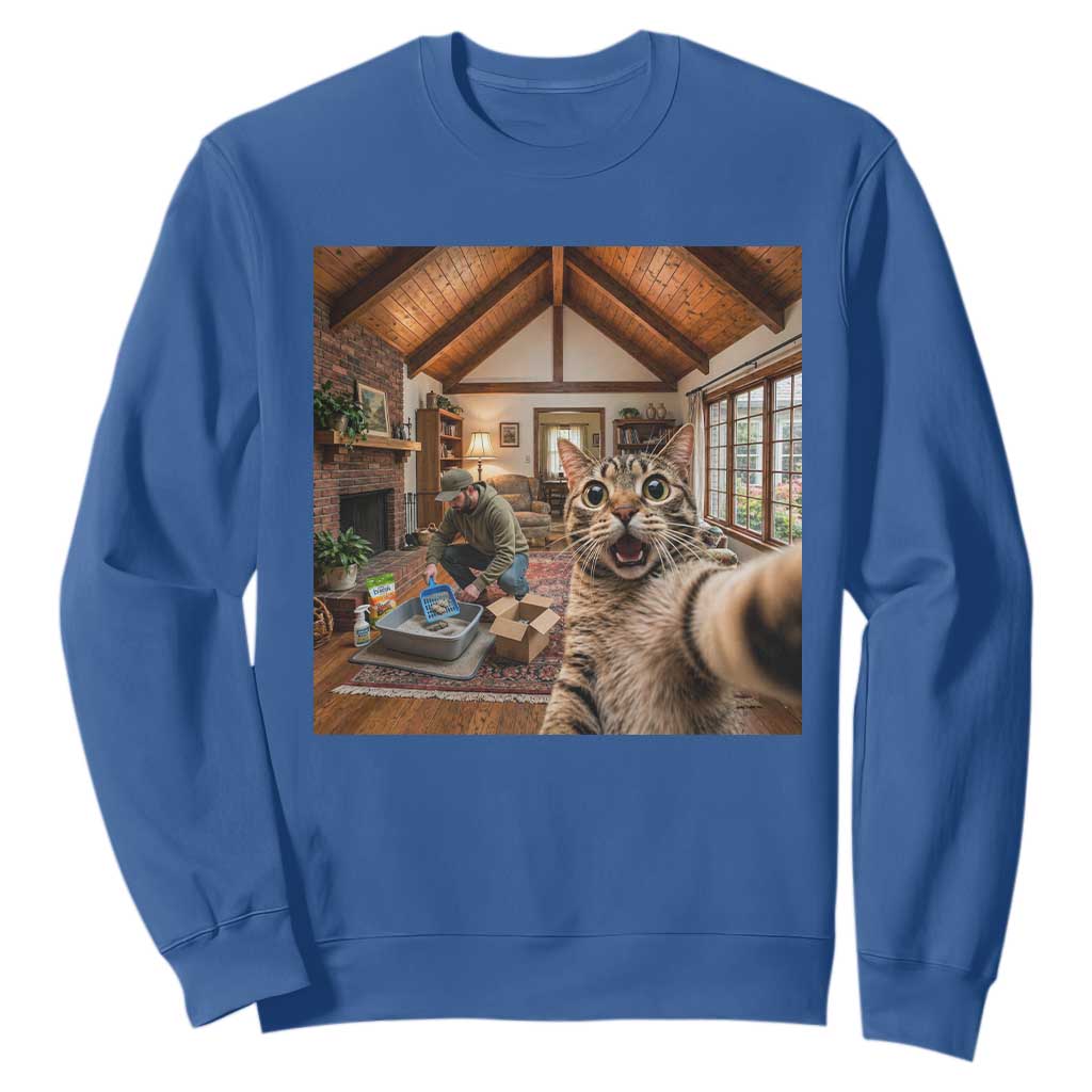 Cat Selfie with Man Funny Cat Dad Sweatshirt TS11 Royal Blue Print Your Wear