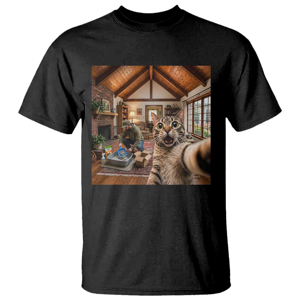 Cat Selfie with Man Funny Cat Dad T Shirt TS11 Black Print Your Wear