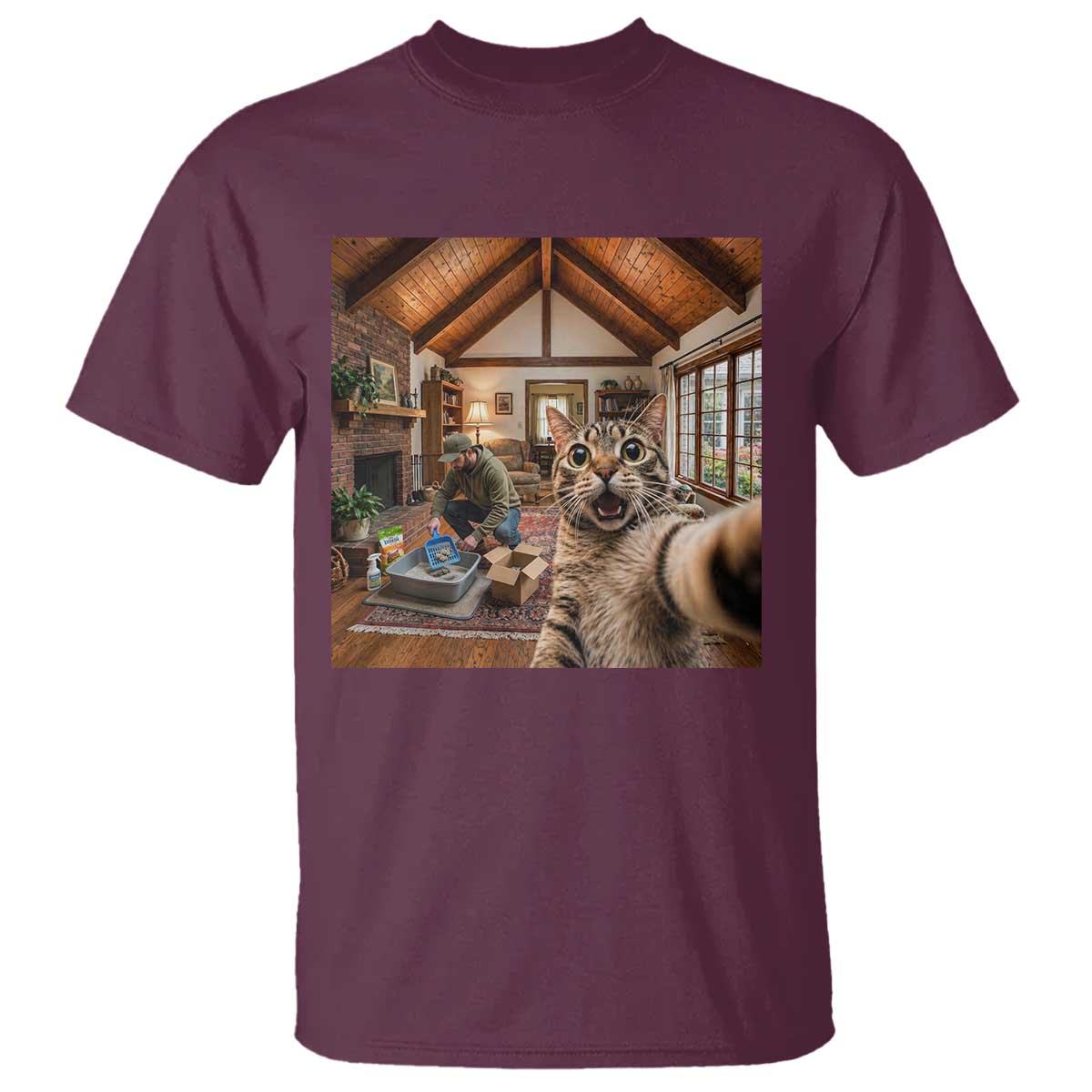 Cat Selfie with Man Funny Cat Dad T Shirt TS11 Maroon Print Your Wear