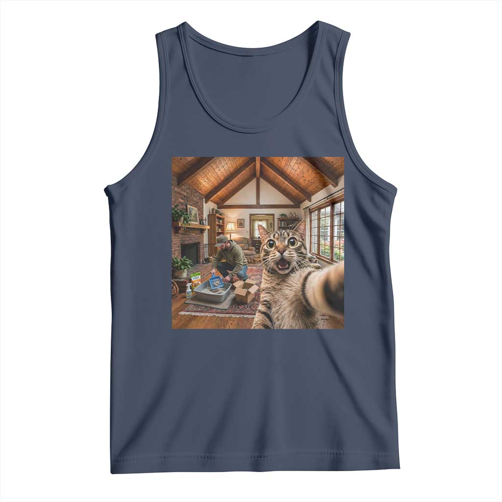 Cat Selfie with Man Funny Cat Dad Tank Top TS11 Navy Print Your Wear
