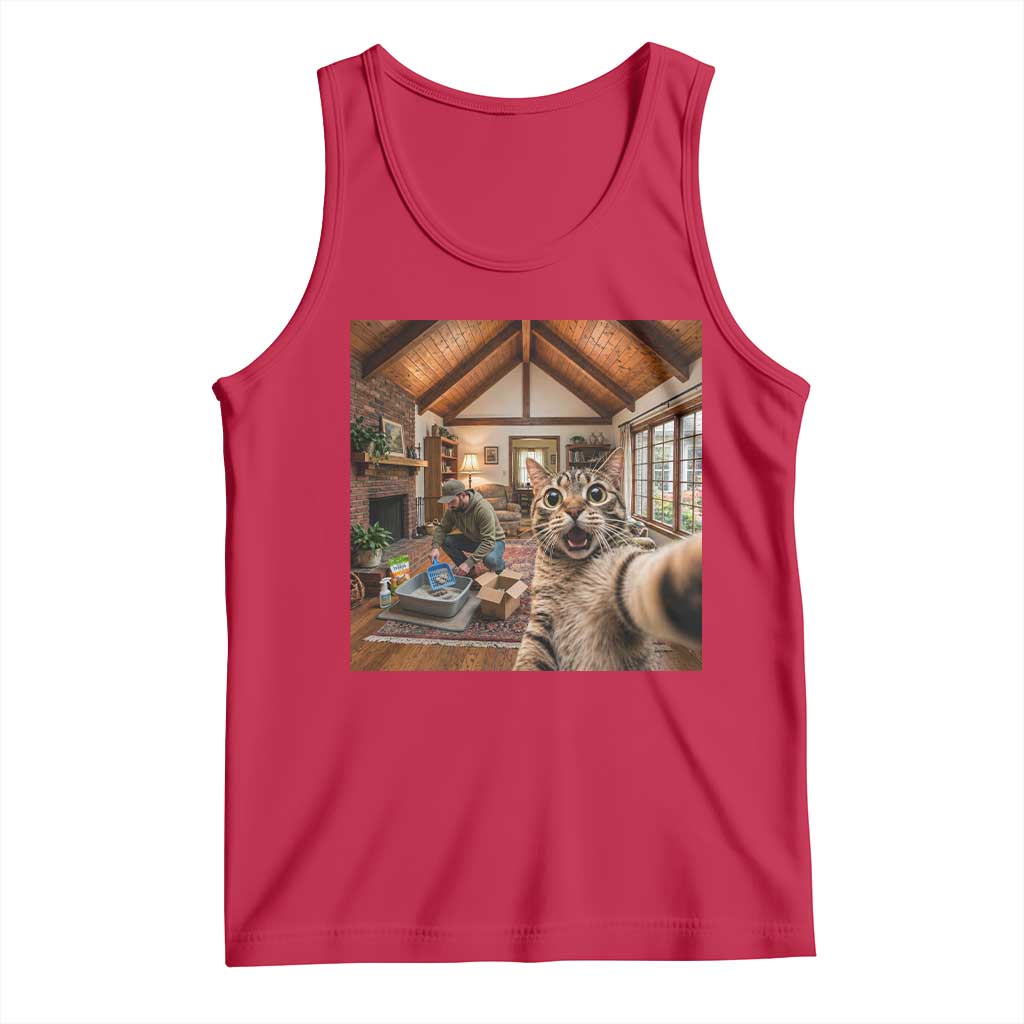 Cat Selfie with Man Funny Cat Dad Tank Top TS11 Red Print Your Wear