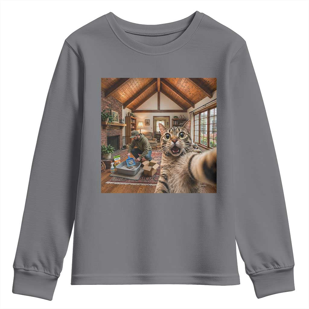 Cat Selfie with Man Funny Cat Dad Youth Sweatshirt TS11 Charcoal Print Your Wear