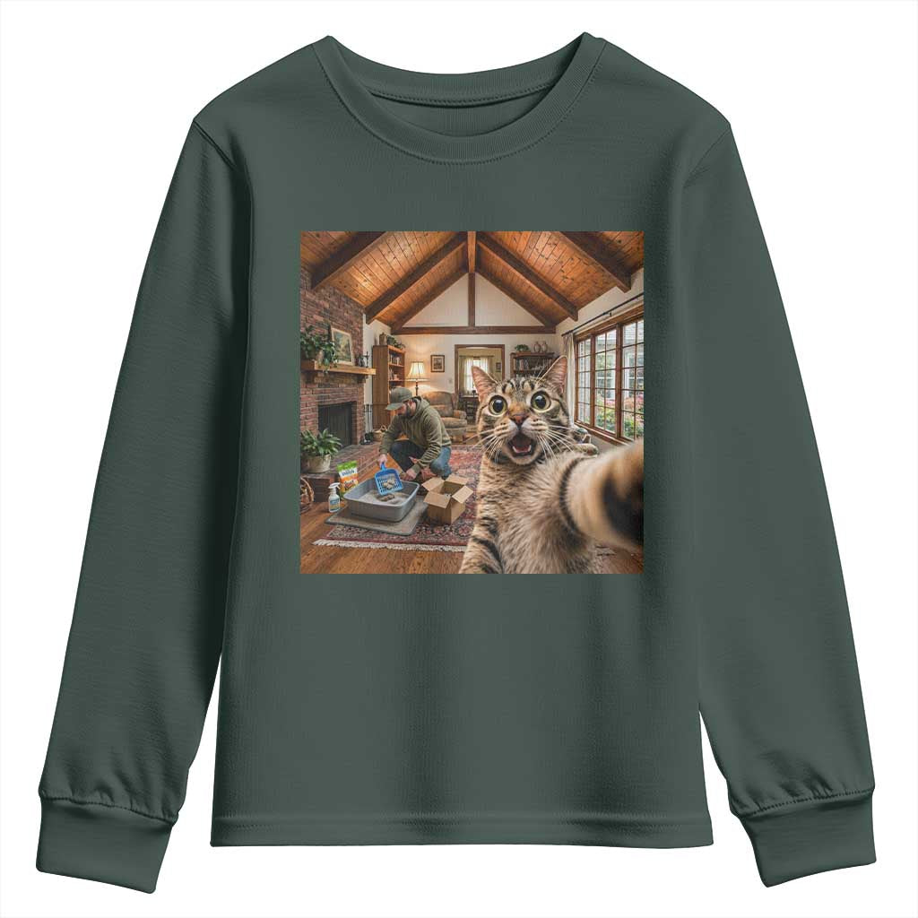 Cat Selfie with Man Funny Cat Dad Youth Sweatshirt TS11 Dark Forest Green Print Your Wear