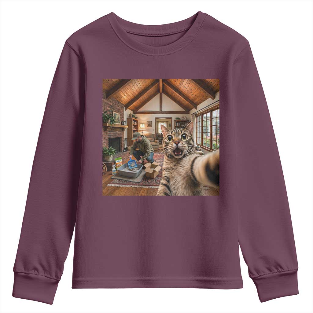 Cat Selfie with Man Funny Cat Dad Youth Sweatshirt TS11 Maroon Print Your Wear