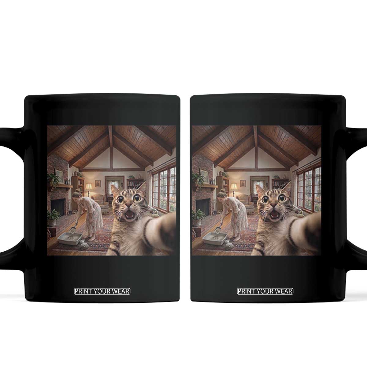 Cat Selfie with Woman Funny Cat Mom Coffee Mug TS11 Black Print Your Wear