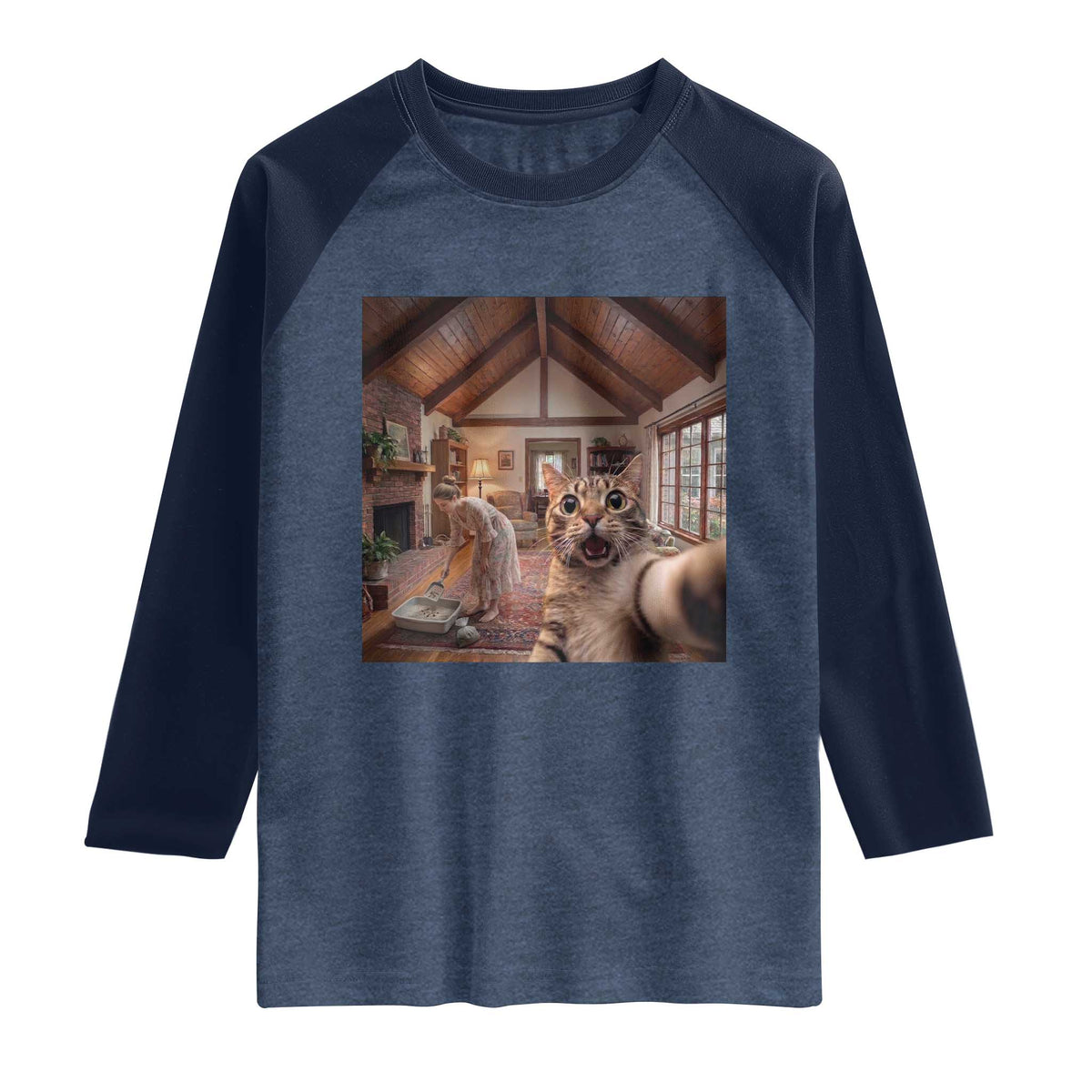 Cat Selfie with Woman Funny Cat Mom Raglan Shirt TS11 Heather Denim Navy Print Your Wear