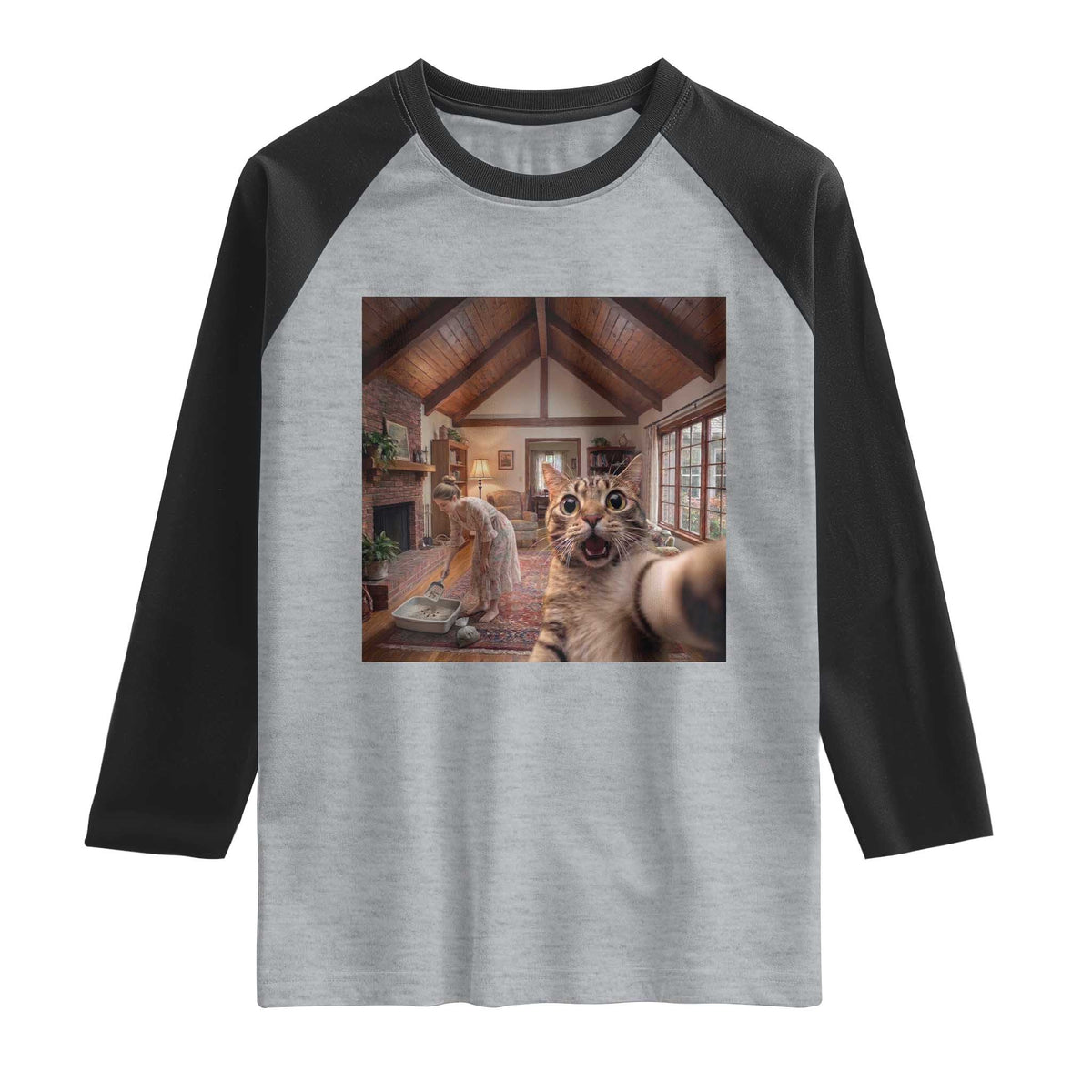 Cat Selfie with Woman Funny Cat Mom Raglan Shirt TS11 Heather Gray Black Print Your Wear