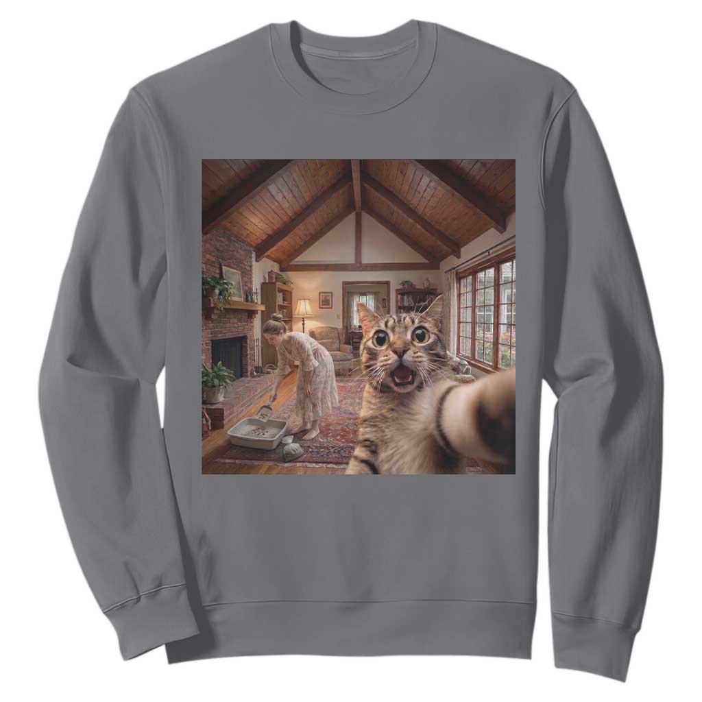 Cat Selfie with Woman Funny Cat Mom Sweatshirt TS11 Charcoal Print Your Wear