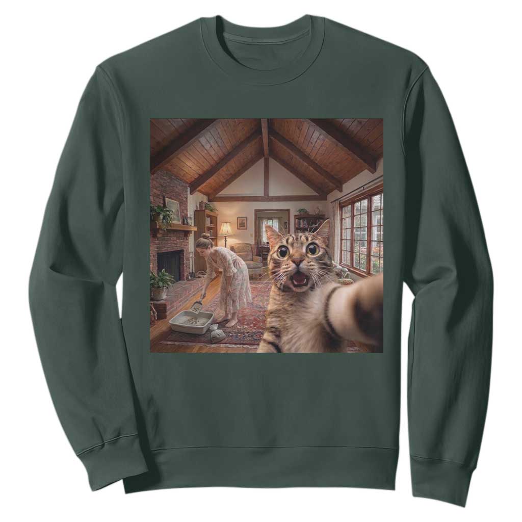 Cat Selfie with Woman Funny Cat Mom Sweatshirt TS11 Dark Forest Green Print Your Wear