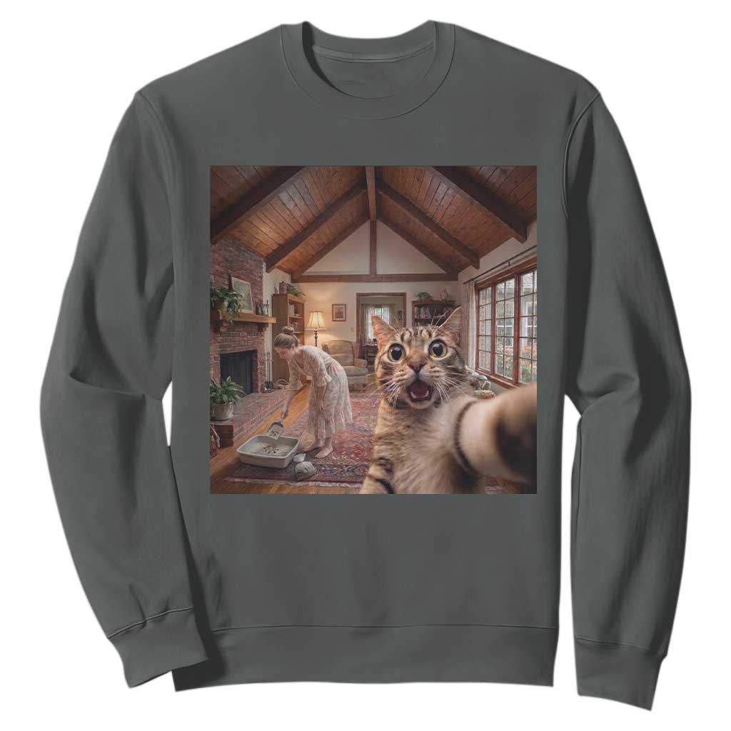 Cat Selfie with Woman Funny Cat Mom Sweatshirt TS11 Dark Heather Print Your Wear