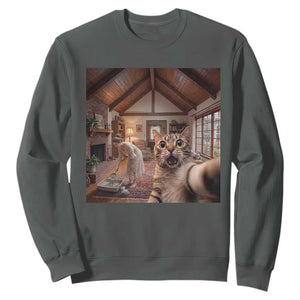 Cat Selfie with Woman Funny Cat Mom Sweatshirt TS11 Dark Heather Print Your Wear