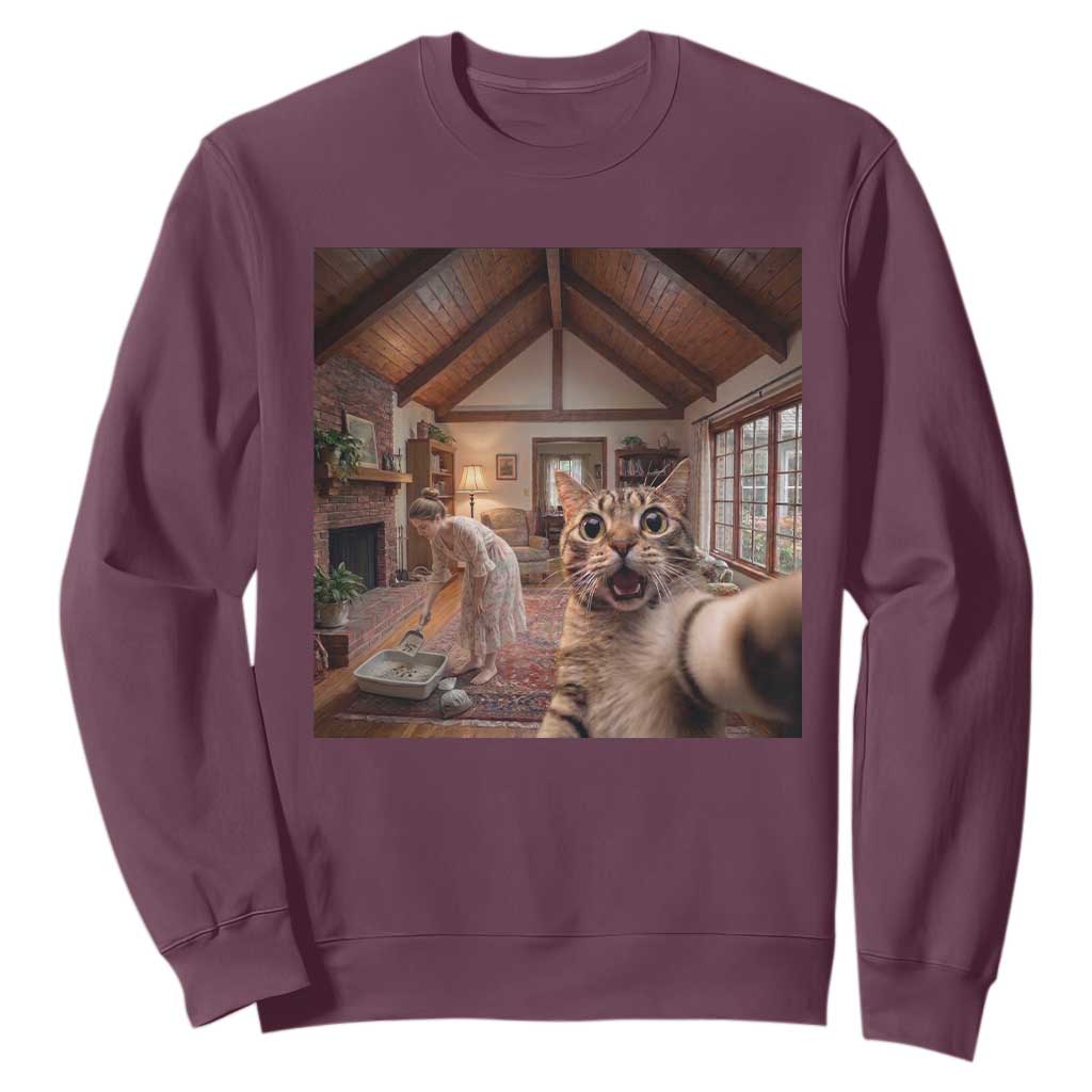 Cat Selfie with Woman Funny Cat Mom Sweatshirt TS11 Maroon Print Your Wear