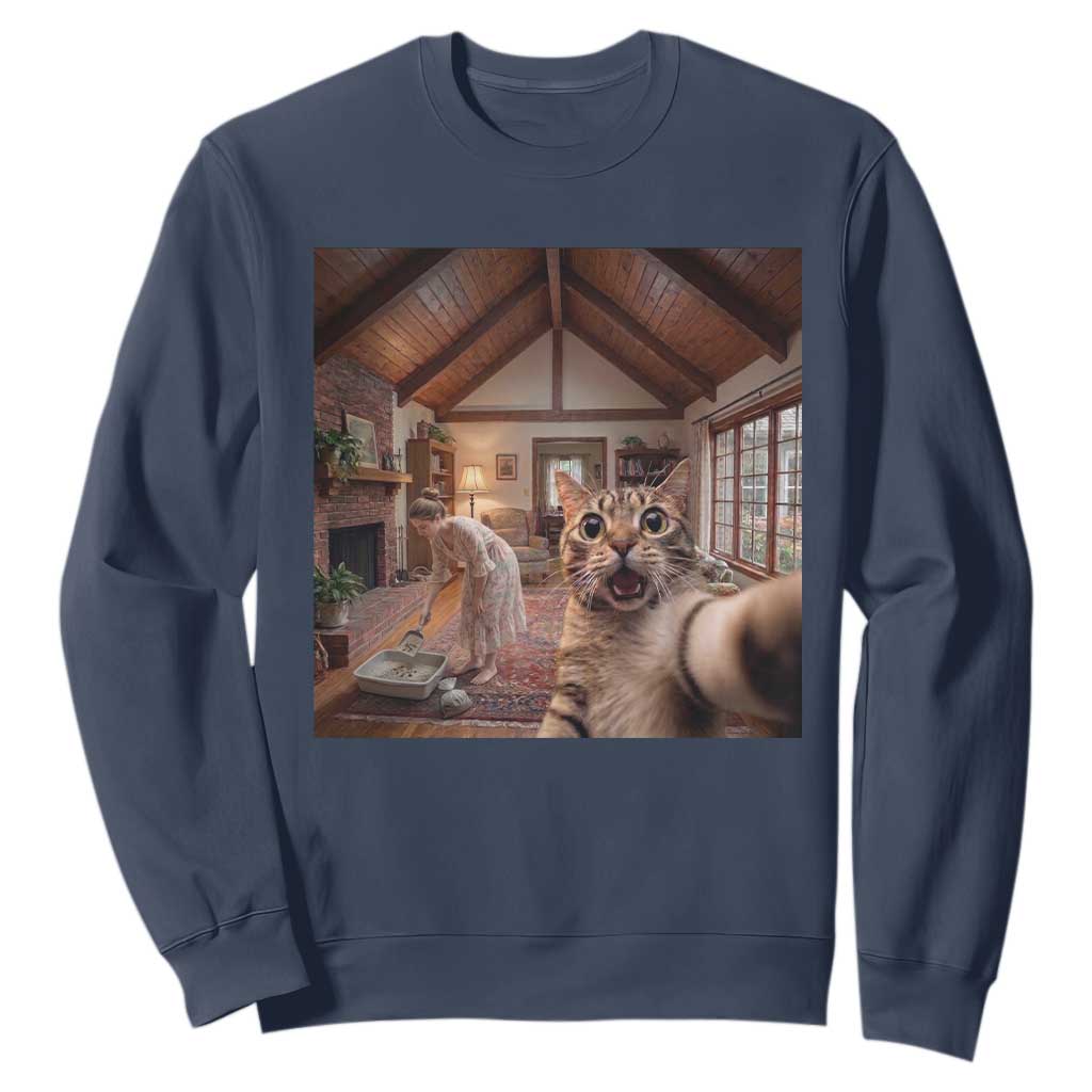 Cat Selfie with Woman Funny Cat Mom Sweatshirt TS11 Navy Print Your Wear