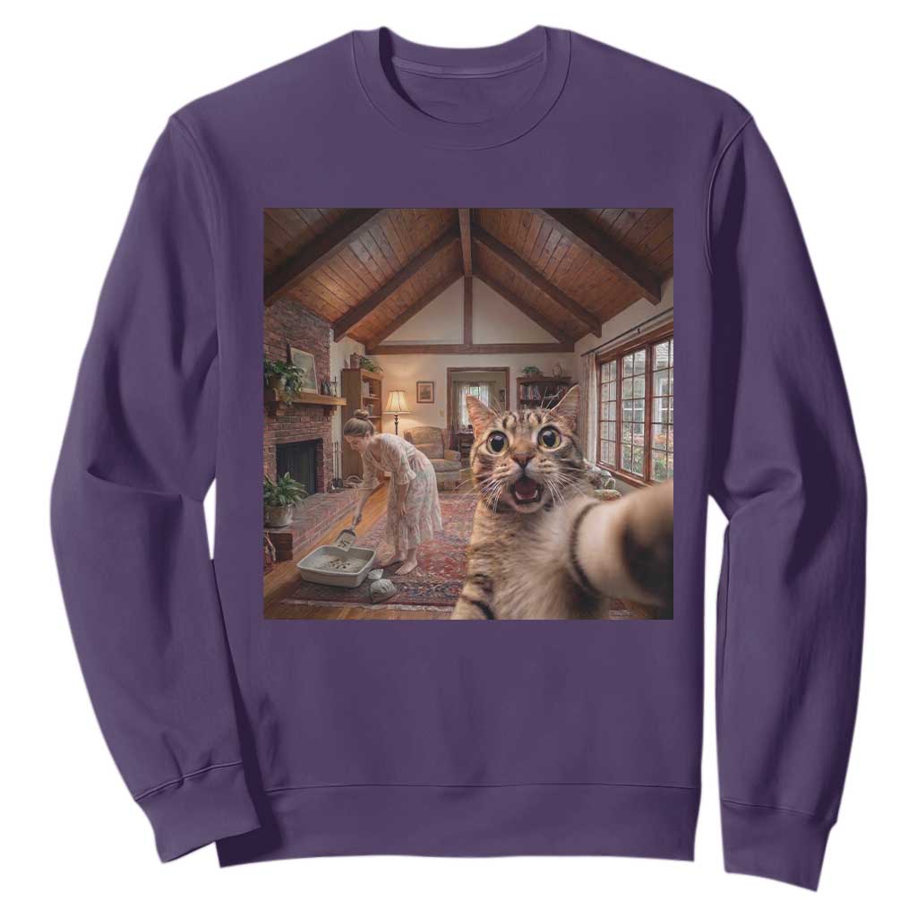Cat Selfie with Woman Funny Cat Mom Sweatshirt TS11 Purple Print Your Wear