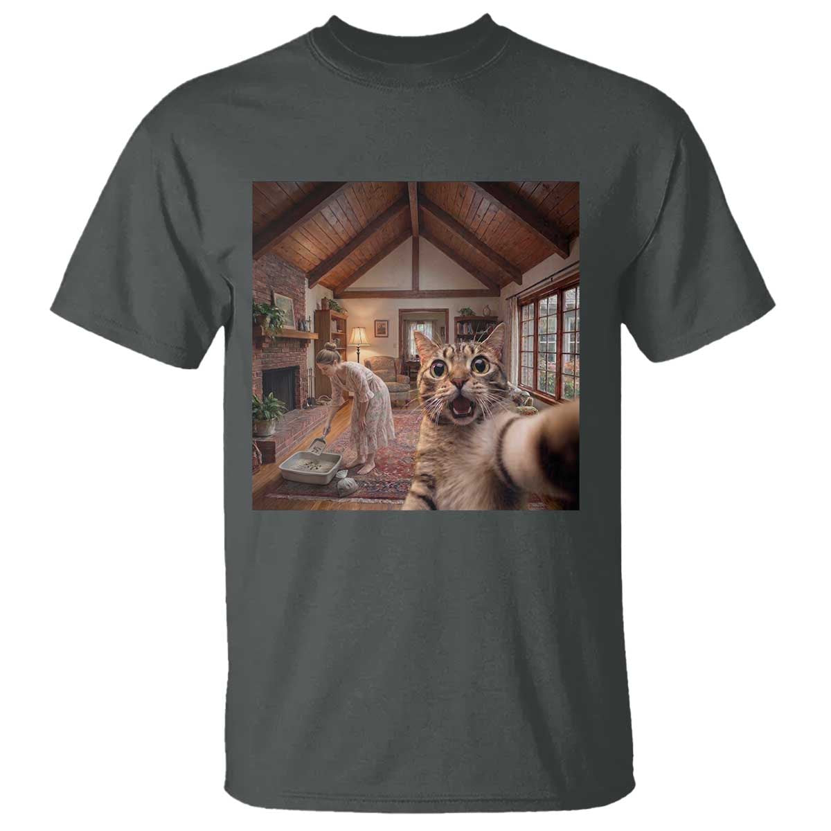 Cat Selfie with Woman Funny Cat Mom T Shirt TS11 Dark Heather Print Your Wear